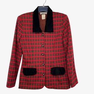 DBY Ltd Plaid Tartan Red Green Velvet Xmas Holiday Blazer Women's Sz 7 Vintage